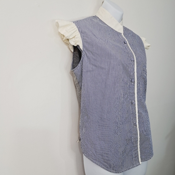 Harvey Faircloth‎ Seersucker Stripe Ruffle Cap Sleeve Button Front Top - Picture 4 of 10